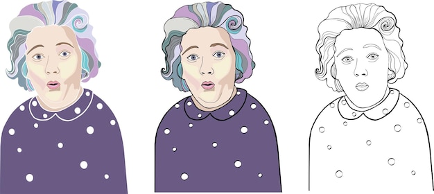 Plik wektorowy zestaw ręcznie rysowanych starszych kobiet babci dostępny w trzech różnych stylach z konturem i bez obrysu wykonany w kolorze plamki zaskoczona buzia wow