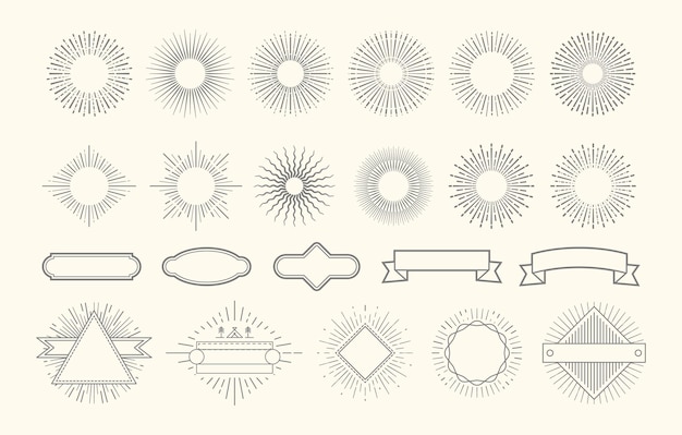 Zestaw Retro Starburst. Elementy Graficzne Rocznika Sunburst. Dekoracje Linii Koło Wschód Słońca. Odznaki Z Promieniami, Ozdobne Ramki Na Etykiety