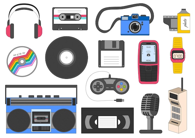 Zestaw Retro Urządzeń Elektronicznych Symbole Technologii Lat 90. Boombox Winylu Kamery Dyskietki Nostalgia Za Latami 90. Ilustracje Wektorowe Jasne Kolorowe Na Białym Tle Na Białym Tle