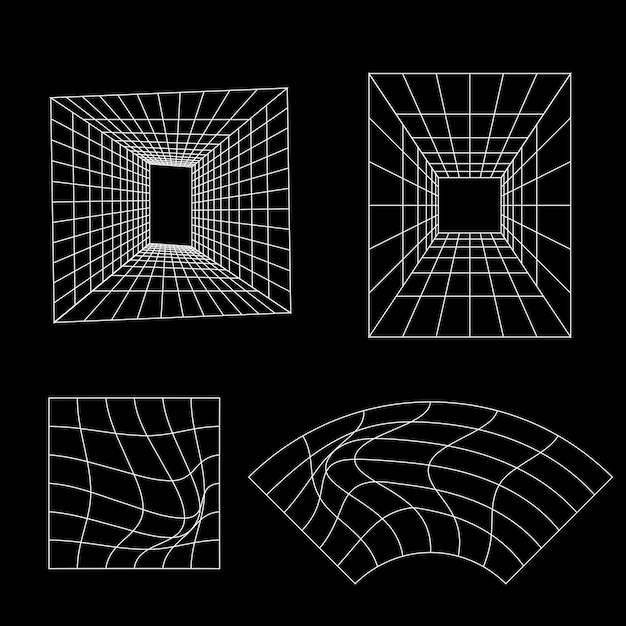 Zestaw retrofuturystycznych elementów projektu Kolekcja tuneli z siatkami perspektywicznymi w cyberpunku lat 80-tych