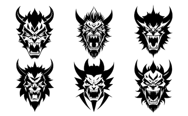 Zestaw rogatych głów diabła z otwartymi ustami i obnażonymi zębami z różnymi gniewnymi wyrazami pyska Symbole emblematu tatuażu lub logo izolowane na białym tle