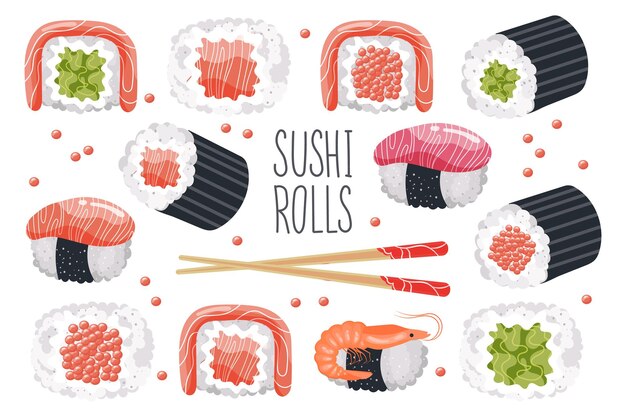 Zestaw rolek sushi i pałeczki na białym tle Azjatyckie jedzenie ikony wektor menu restauracji