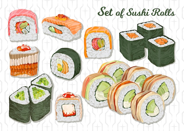 Zestaw rolek sushi Ręcznie rysowane ikony żywności dla szablonów menu Ilustracja wektorowa