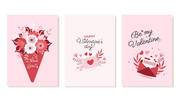 Plik wektorowy zestaw romantycznych kart walentynkowych 14 lutego świąteczna kartka z życzeniami z bukietem wiadomości miłosnej koperty ilustracji wektorowych