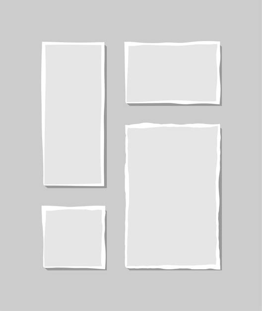 Zestaw rozdartej białej notatki. Skrawki rozdartego papieru o różnych kształtach na białym tle na szarym tle. Ilustracja wektorowa.