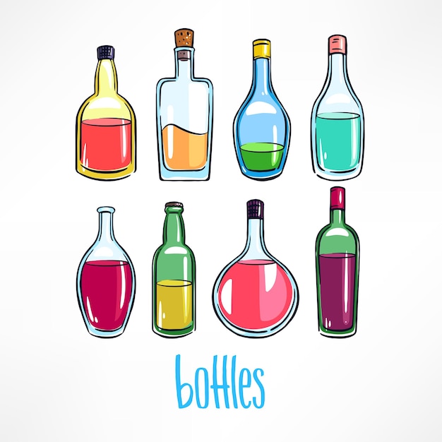 Zestaw Różnych Butelek Z Kolorowymi Napojami. Ręcznie Rysowana Ilustracja