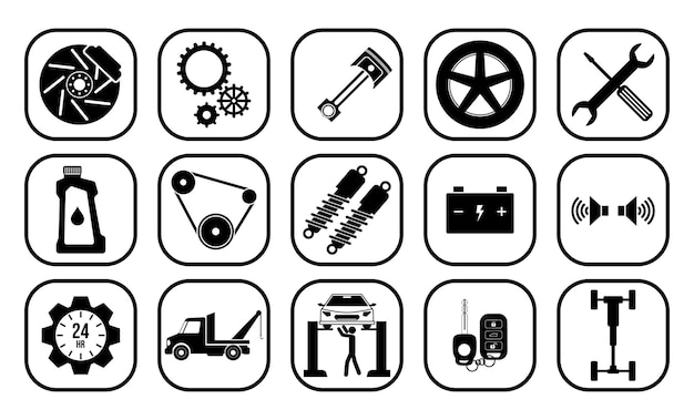 Plik wektorowy zestaw różnych części silnika samochodu usługi naprawy samochodów. samochód garaż wektor graficzny sylwetka.