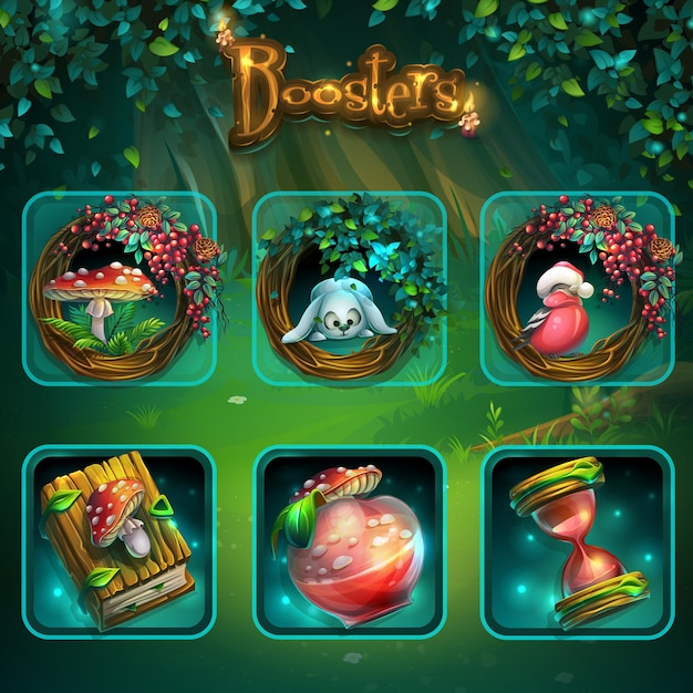 Zestaw różnych elementów interfejsu użytkownika gry. tło ilustracji ekranu do gry komputerowej Shadowy forest GUI.