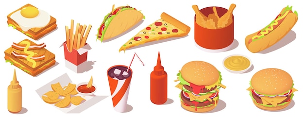 Plik wektorowy zestaw różnych fast foodów zbieranie kanapek smażonego kurczaka i ziemniaków pizza soda przekąski hot dog burger izolowany na białym tle ilustracja wektorowa izometryczna