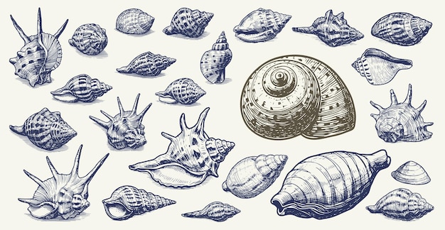 Zestaw różnych muszli morskich, koralowców, ostryg i małży grawerujących ilustracje wektorowe