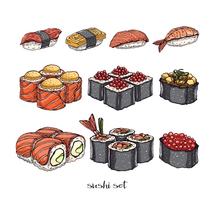 Wektor zestaw różnych rodzajów pysznych bułek i sushi. ręcznie rysowane ilustracji
