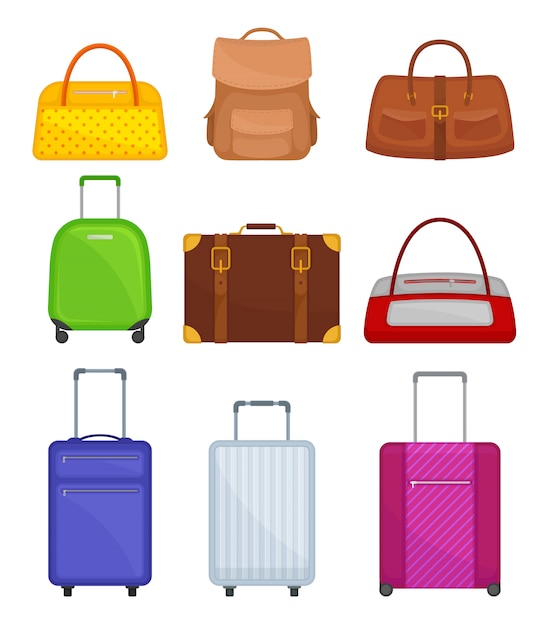 Plik wektorowy zestaw różnych toreb. walizki podróżne na kółkach, torebka damska, plecak, torba podróżna. bagaż podróżny