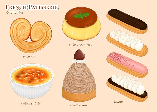 Plik wektorowy zestaw różnych wypieków, w tym pudding budyniowy palmier eclair creme brulee i mont blanc