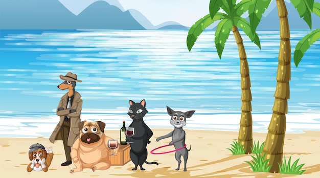 Zestaw różnych zwierząt domowych na scenie na plaży