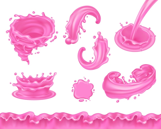 Plik wektorowy zestaw różowy plamy mleka. realistyczne krople jogurtu wiśniowego. cieknący krem truskawkowy