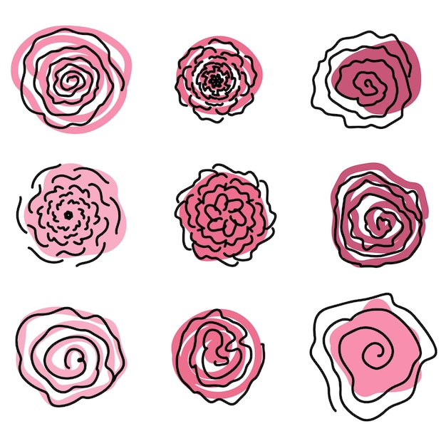 Zestaw Różowych Pąków Kwiatowych W Liniowym Stylu Z Abstrakcyjnymi Plamami