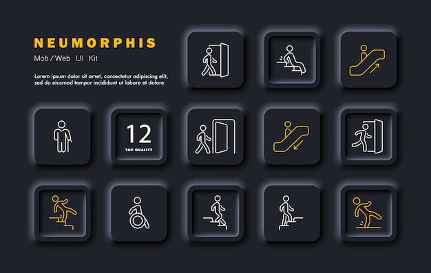 Zestaw ruchu ikona linii Kroki śliskie rampy podłogowe wyjście awaryjne wózek inwalidzki styl neomorfizmu Ikona linii wektorowej dla biznesu i reklamy