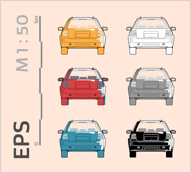 Plik wektorowy zestaw rysunków samochodowych w różnych kolorach, widok z tyłu
