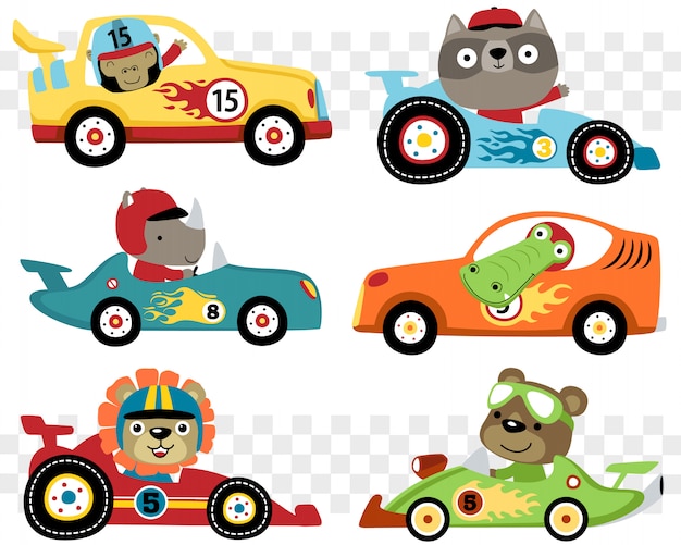 Plik wektorowy zestaw samochodów wyścigowych kreskówki z zabawnym zawodnikiem