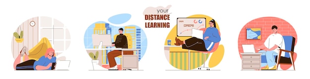 Zestaw Scen Koncepcyjnych Uczenia Się Na Odległość Uczniowie Uczący Się Na Laptopach Nauczanie W Domu Edukacja Online Elearning Zbiór Działań Ludzi