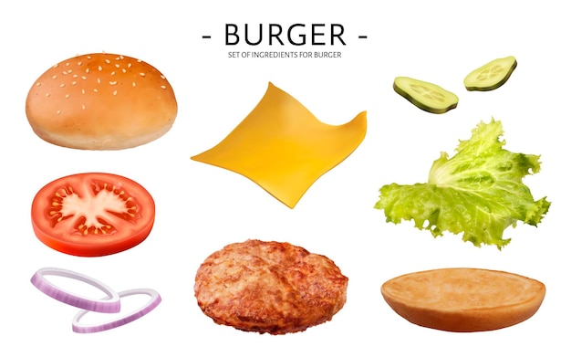 Plik wektorowy zestaw składników hamburgera, pyszne warzywa, pasztecik, ser, bułka na białym tle, ilustracja 3d