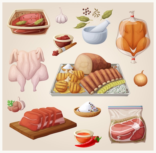 Zestaw składników mięsnych dla Texas BBQ medley ilustracja rysunkowa wektorowa ikona żywności do grilla