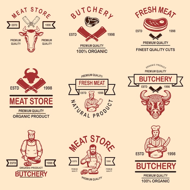 Plik wektorowy zestaw sklep mięsny, emblematy rzeźni. element projektu logo, etykieta, znak, plakat, baner. v