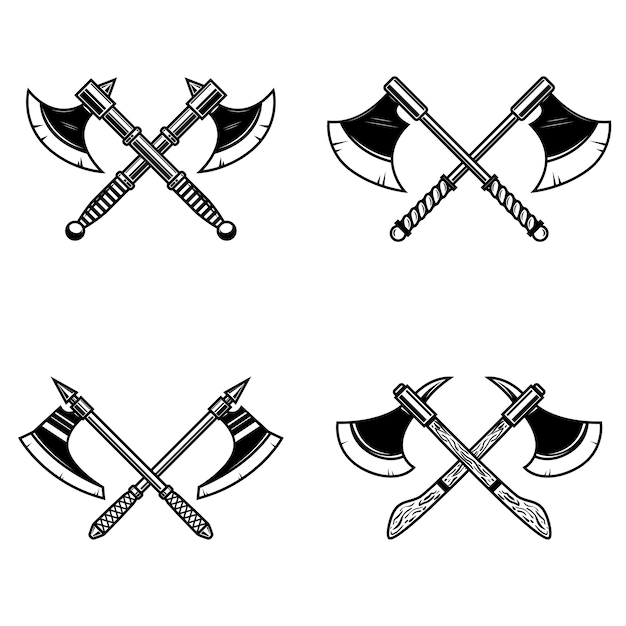 Zestaw Skrzyżowane średniowieczne Topory Na Białym Tle. Element Na Logo, Etykietę, Godło, Znak. Ilustracja