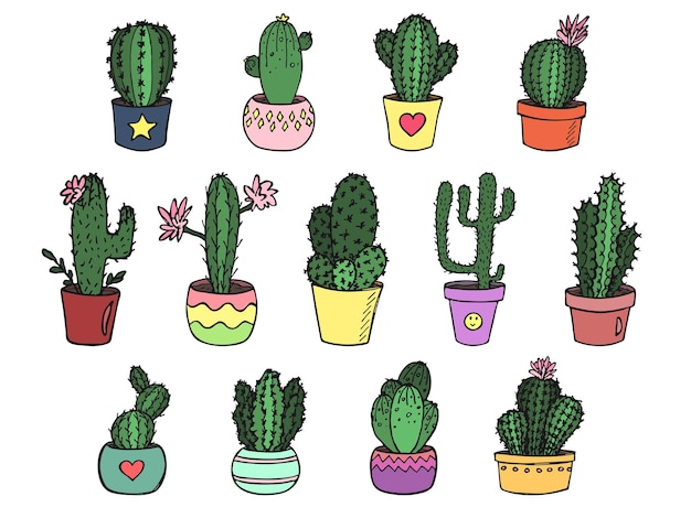 Zestaw ślicznej, ręcznie rysowanej ilustracji kaktusa Roślina doniczkowa w doniczce clipart Przytulny dom doodle