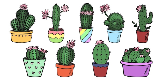 Zestaw ślicznej, ręcznie rysowanej ilustracji kaktusa Roślina doniczkowa w doniczce clipart Przytulny dom doodle