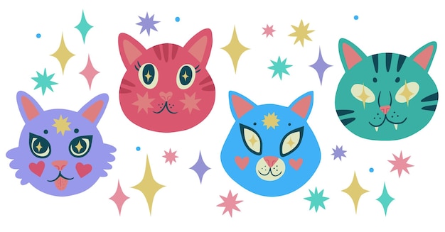 Plik wektorowy zestaw ślicznych kotów między gwiazdami zielone, różowe, niebieskie, fioletowe głowy kotów na białym tle płaska konstrukcja