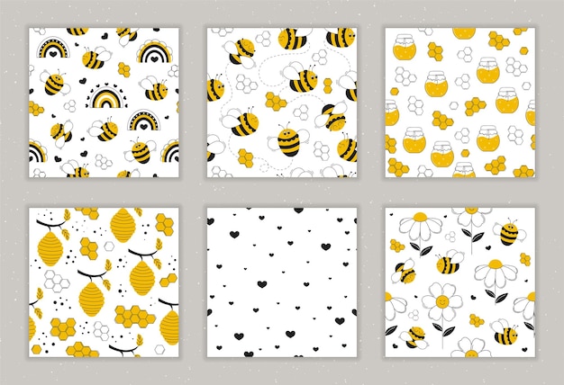 Zestaw ślicznych Wzorów Mała Pszczoła Tęczowy Miód I Kwiat Na Białym Tle Idealny Do Nadruków
