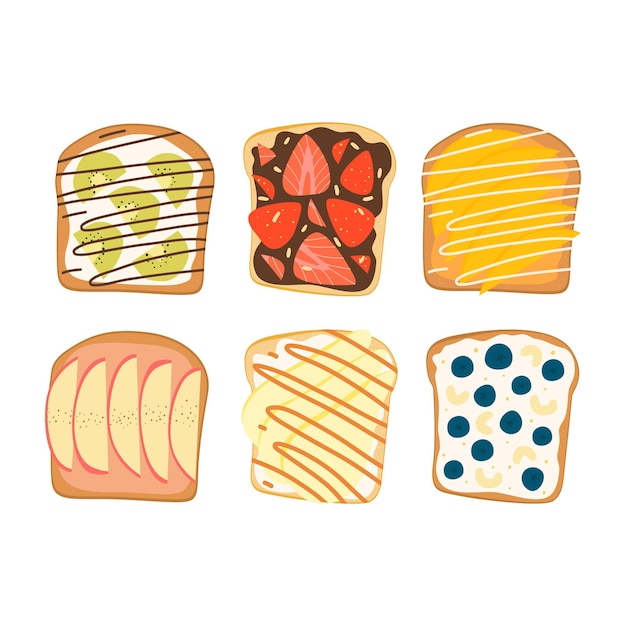 Zestaw słodkich kanapek z truskawkami, gruszkami, orzechami, serkiem, czekoladą lub pastą orzechową.