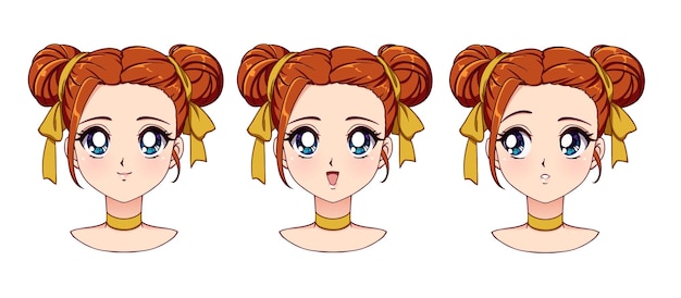 Zestaw Słodkiej Dziewczyny Anime Z Różnymi Wyrażeniami Czerwone Włosy Duże Niebieskie Oczy Ręcznie Rysowane Ilustracji Wektorowych W Stylu Retro Anime