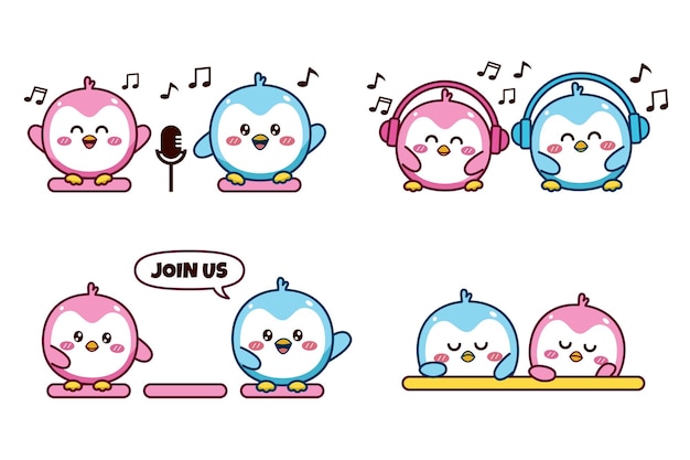 Plik wektorowy zestaw słodkiej pary naklejki pingwina emoji śpiewającej ze słuchawkami i mikrofonem, dołącz do nas, poczuj się nudno
