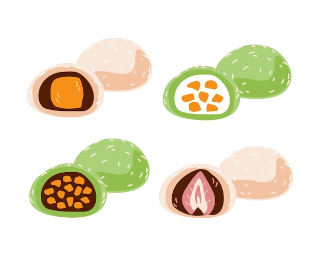 Zestaw słodyczy Daifuku Asianfood Ręcznie rysowana ilustracja Pojedyncze białe tło