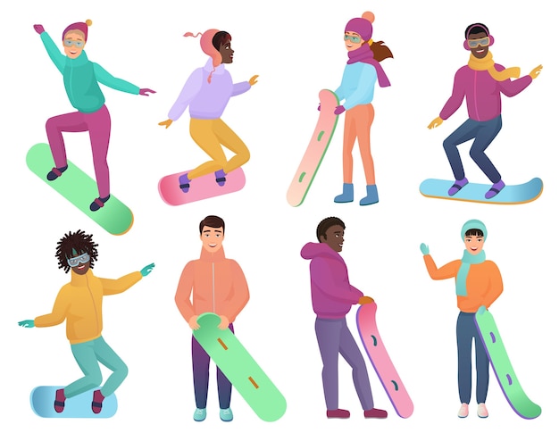 Zestaw Snowboardzistów W Kolorze Gradientu. Mężczyzna I Kobieta Na Snowboardach. Sporty Zimowe Snowboard