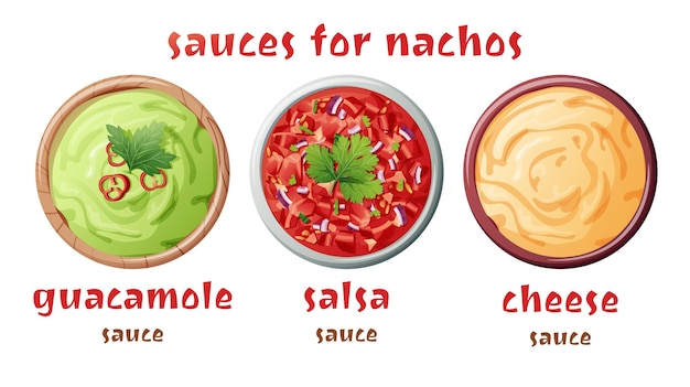 Zestaw Sosów Do Nachos Na Izolowanym Tle Guacamole Salsa Sos Serowy Tradycyjny Meksykański