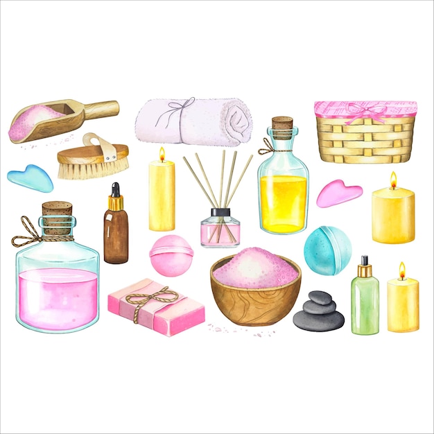 Zestaw spa z kosmetykami do pielęgnacji ciała Ilustracja akwarelowa