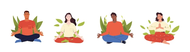 Plik wektorowy zestaw spokojnych ludzi mężczyzn i kobiet w pozycji lotosu joga i rozciąganie aktywny styl życia