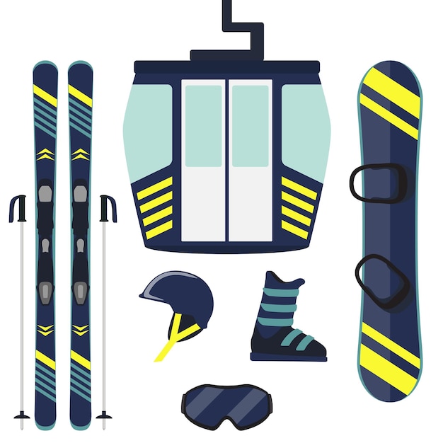 Zestaw sprzętu narciarskiego i snowboardowego Narty kijki snowboardowe kask okulary buty kabina wyciągu narciarskiego