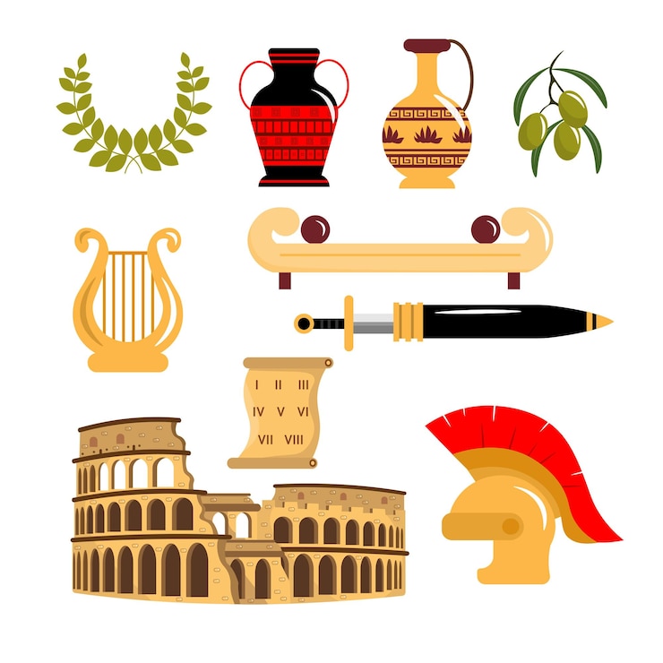 Zestaw sprzętu od starożytnych Rzymian w stylu kreskówki Ilustracja wektorowa wieńców z gałązką oliwną dzbanki gliniane garnki oliwki harfa miecz kask Coliseum przewiń sofa białe tło