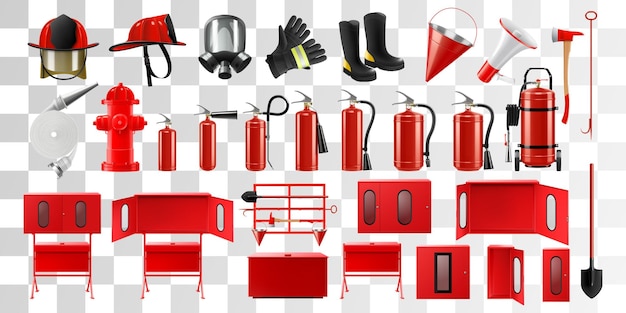 Plik wektorowy zestaw sprzętu przeciwpożarowego, w tym rękawiczki ochronne, buty, stojaki, łopata, siekiera