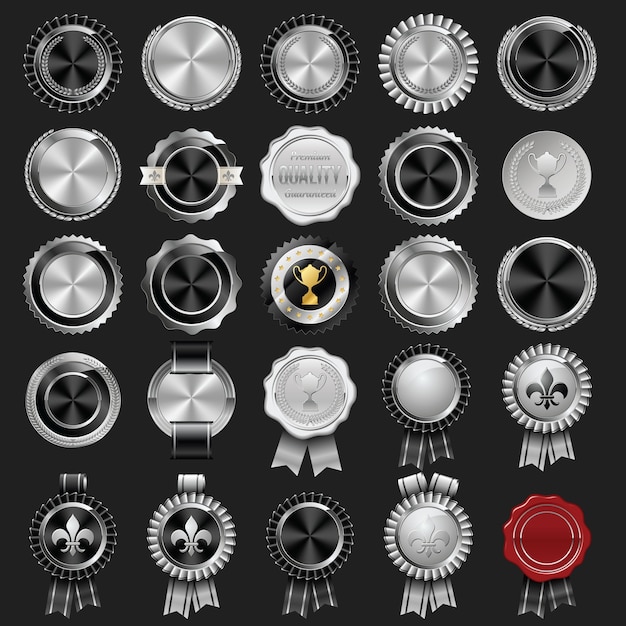 Plik wektorowy zestaw srebrnych czarnych pieczęci certyfikatów i odznak