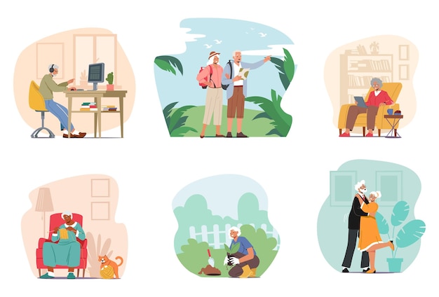 Plik wektorowy zestaw starszych postaci praca na komputerze pc podróże używanie gadżetów dzianina taniec i ogrodnictwo starsi mężczyźni i kobiety aktywny styl życia dziadkowie codzienne zajęcia kreskówki ludzie ilustracja wektorowa