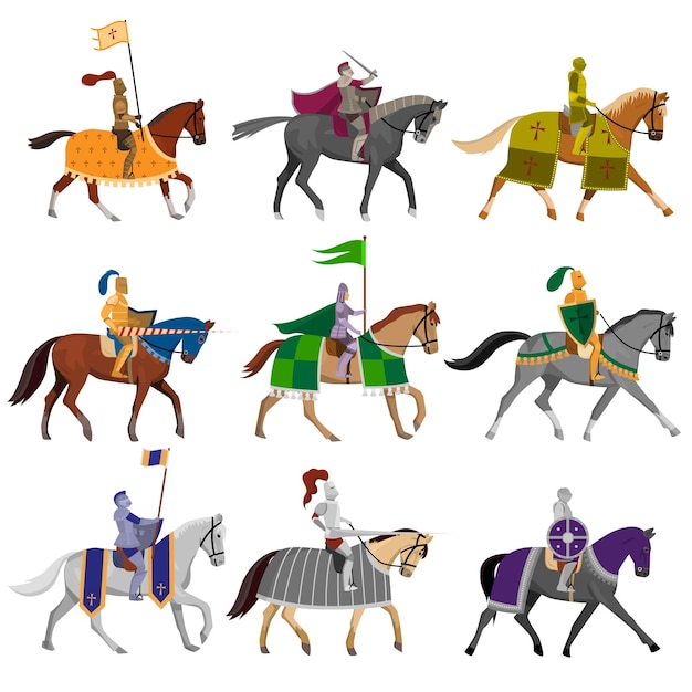Plik wektorowy zestaw starych rycerzy średniowiecznych w stalowym hełmie z różnymi końmi