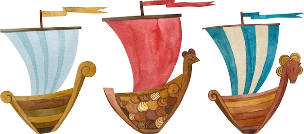 Plik wektorowy zestaw statków w stylu folklorystycznym malowany akwarelą