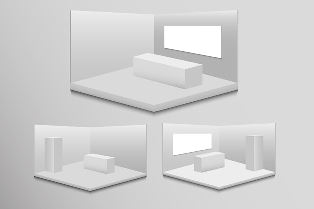Zestaw stojaków wystawowych 3D Białe puste stoisko reklamowe ze stołem Prezentacja sali konferencyjnej Blank Tem