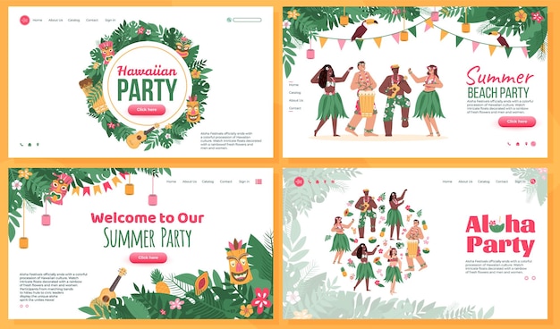 Plik wektorowy zestaw stron internetowych do tańca hawajskiego party płaski kreskówka wektor ilustracja