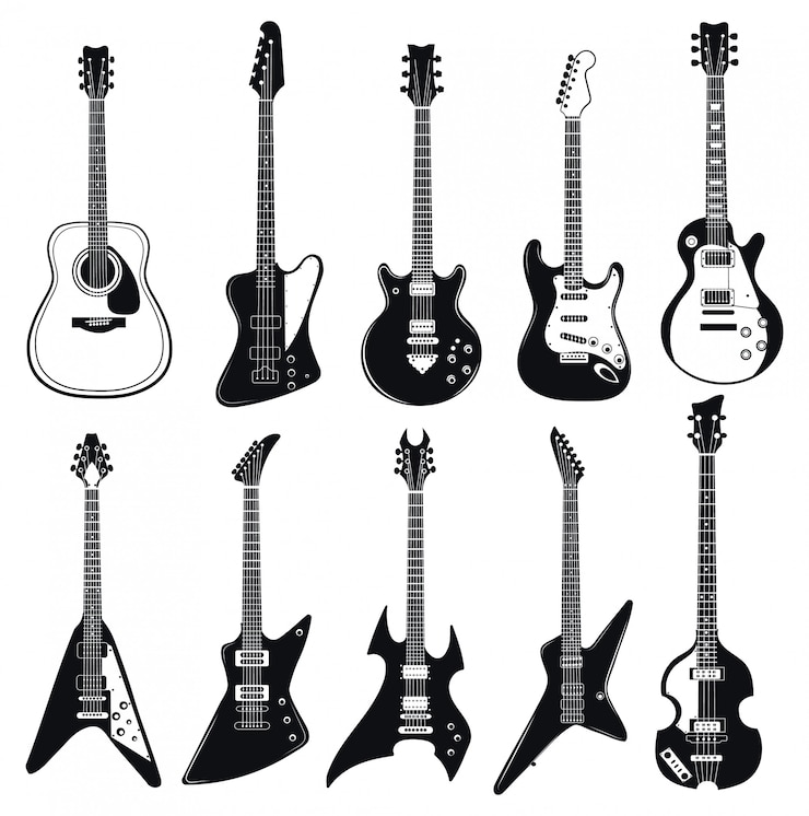 Wektor zestaw stylizowanych gitar. kolekcja elektrycznych instrumentów muzycznych.